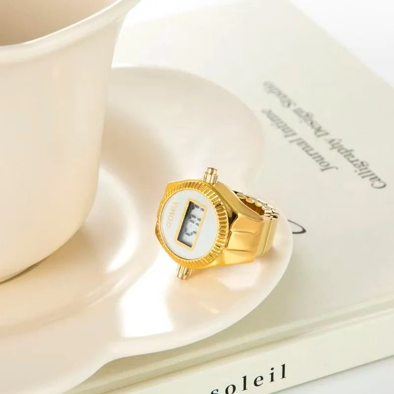 Fashion Electronic Watch Rings for Men Women Gold Silver Colorful Dial Stainless Steel Elastic Watch Strap Battery Mini Clock