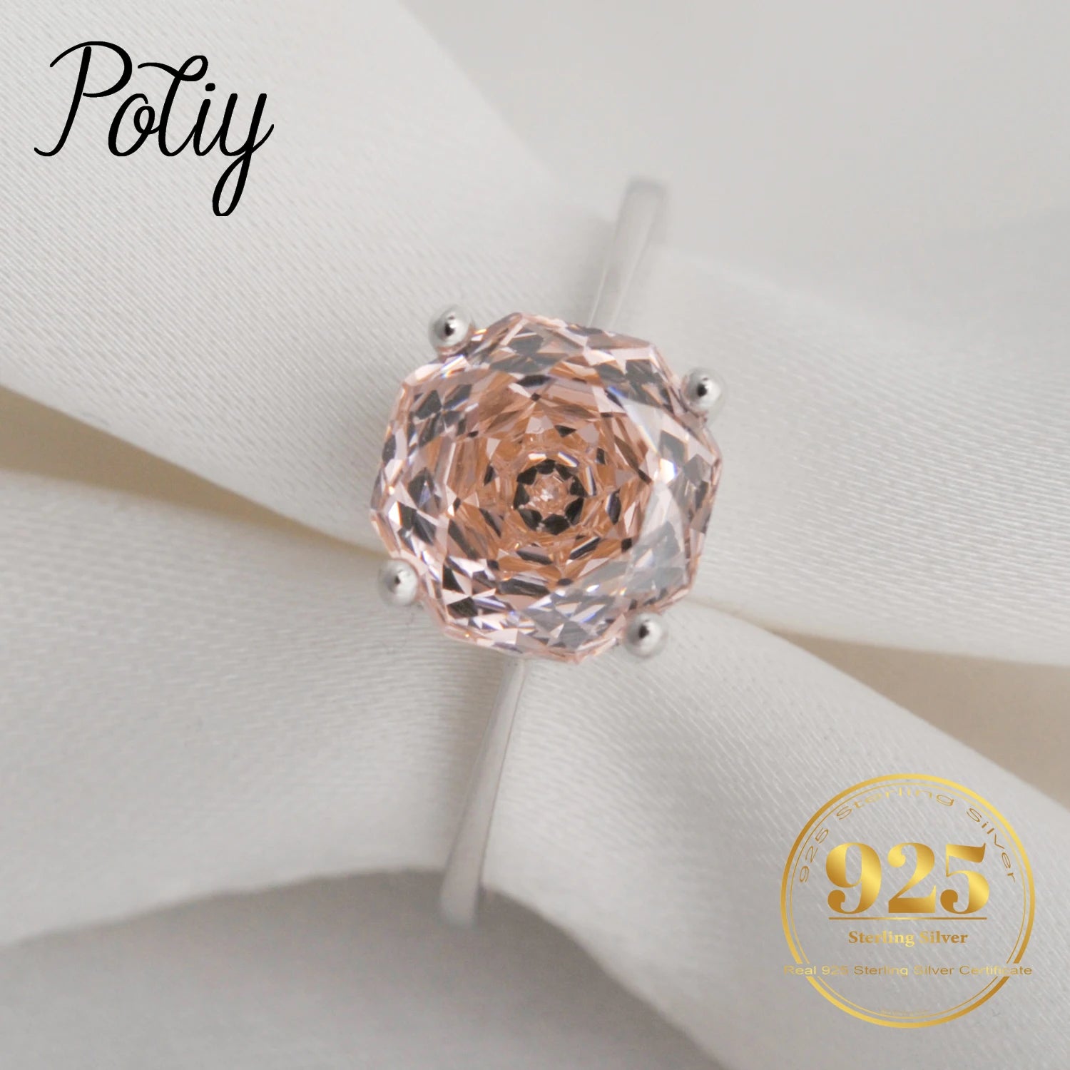 Potiy 2ct Octagon Rose Cut Morganite Pink Cubic Zirconia Solitaire Ring, 925 Sterling Silver Jewelry Gift for Women with
