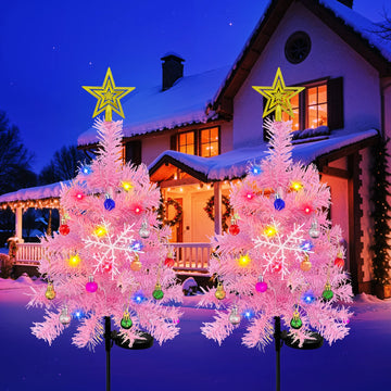 OurWarm 2pcs Pink 29in Solar Christmas Trees Garden Stake Lights Waterproof Christmas Yard Decor Outdoor, 8 Modes Xmas Tree