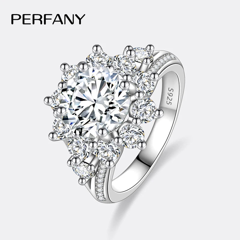 PERFANY 3CT Sunflower Moissanite Ring for Women S925 Pure Silver Plated 18K White Gold Diamond Luxury Wedding Jewelry