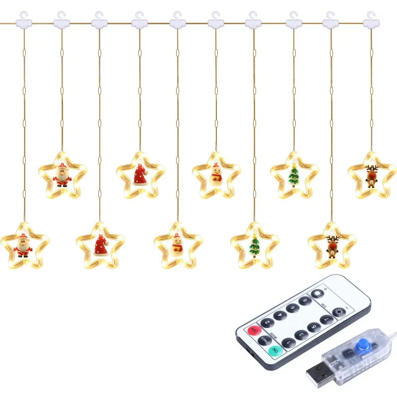 Christmas Lights String Star Santa Claus Curtain Light USB Plug Holiday Party Garland Lamp For Home Bedroom Window Decoration