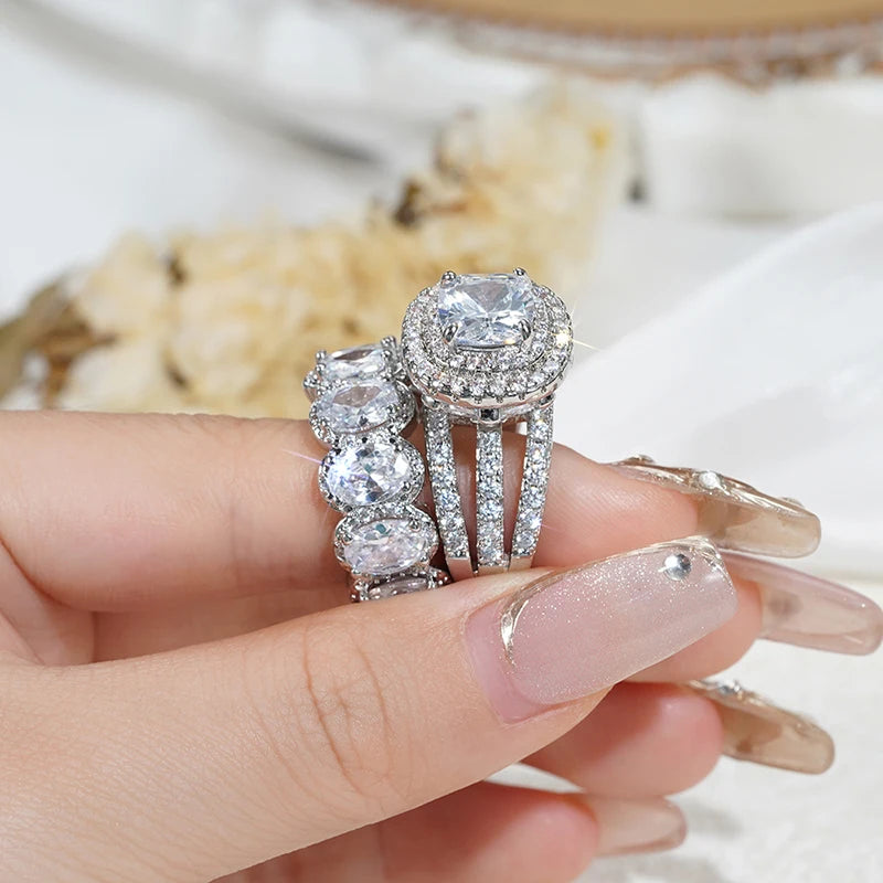 Huitan New Trendy Set Rings for Women Pink/White/Green/Black Cubic Zirconia Rings Gorgeous Wedding Accessories Eternity Jewelry