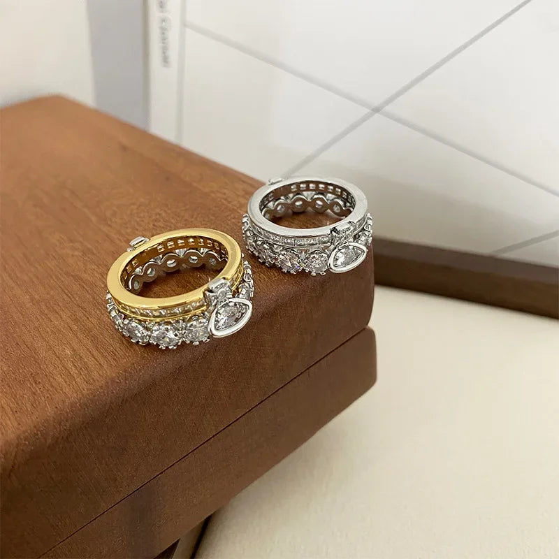 Fashionable Luxury Detachable Zircon Ring for Women High End Unique Style Two-Way Wearable Off-White Queen Design Jewelry