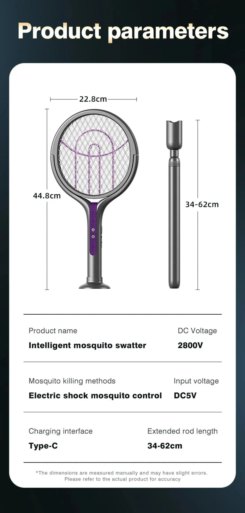 Intelligent Rechargeable Mosquito Swatter 2800V Electric Racket Extension Handle 5-Layer Protection