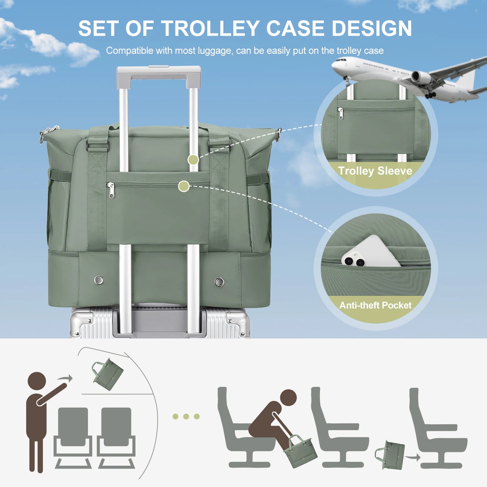 Travel bag, travel luggage, maternity bag, dry and wet separation storage bag, travel lightweight crossbody handbag，（green）.