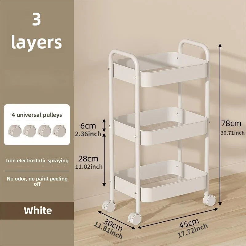 Pink 3-Tier Kitchen Cart with Wheels, Multifunctional Mobile Storage Snack Rack for Bedroom Living Room