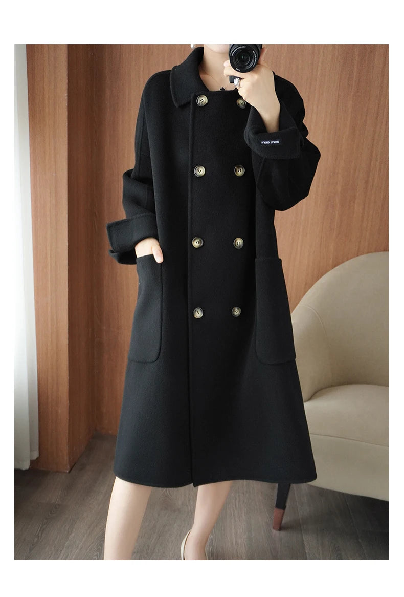 Ladies' 100% cashmere thick double-sided extended coat, classic, versatile and fashionable for business and leisure