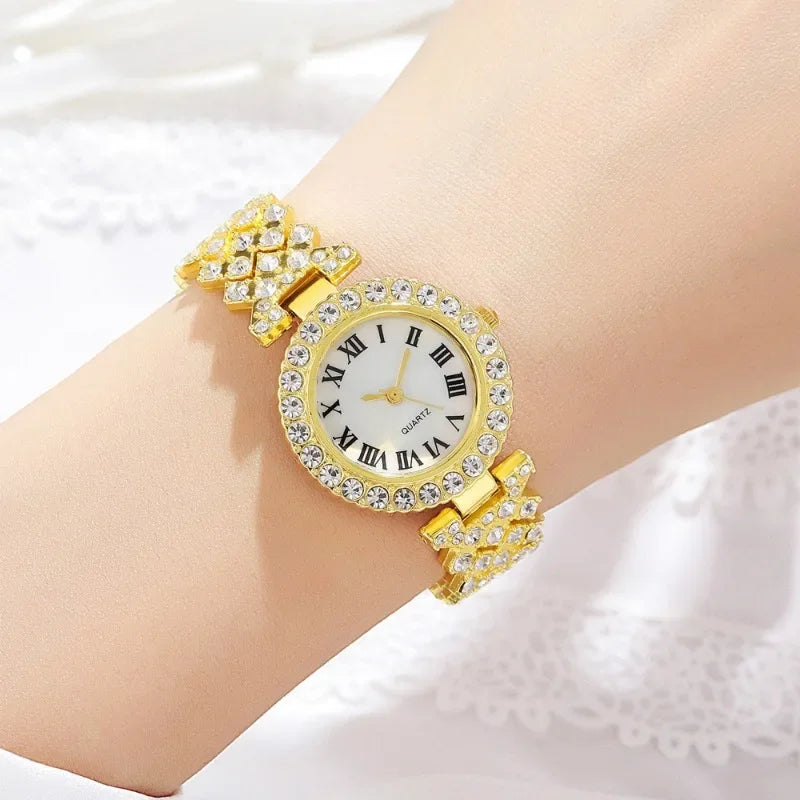 Fashion Luxury Full Crystal 5 Pcs Watch  Necklace Earrings  Ring  Set for Women Rhinestone  Wristwatch Female Bracelet Set Gift
