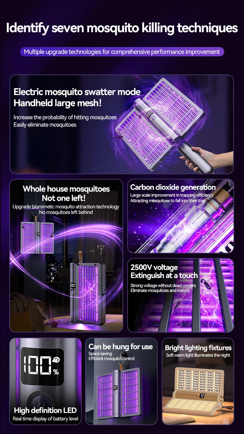 Electric Shock Mosquito Swatter Foldable Zapper Anti Mosquito Lamp Repellent Killer Rechargeable Portable Indoor Outdoor Use