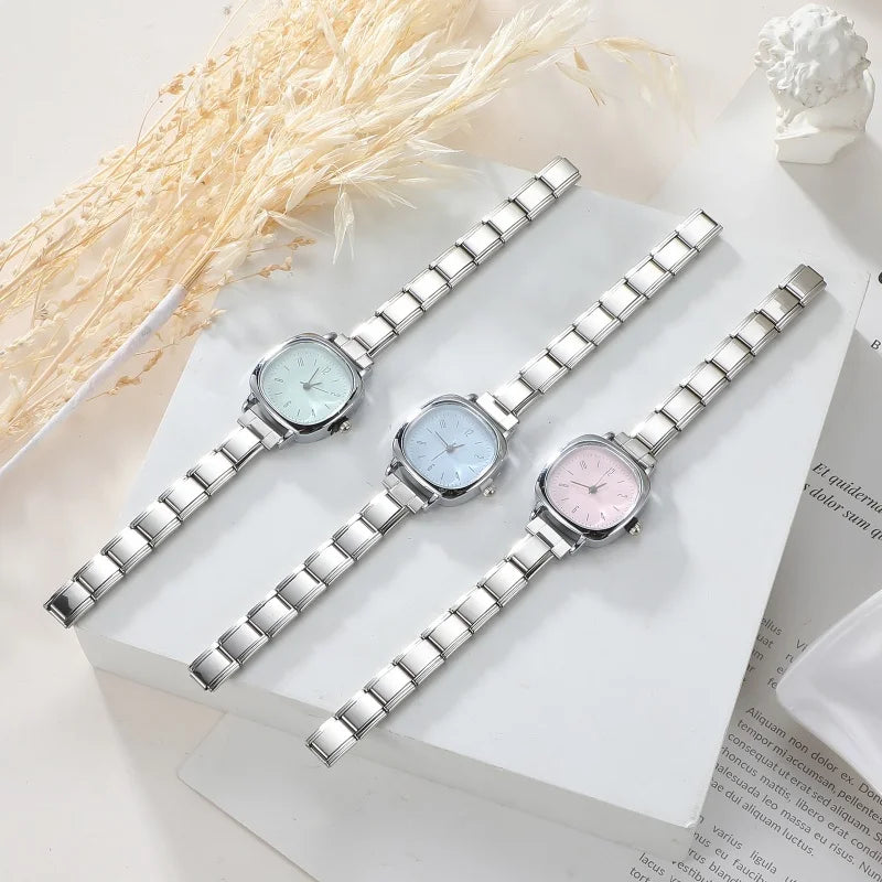 New Fashion Women's Stainless Steel Square Round Shiny Watch Bracelet For Party Friend Wife Birthday DIY Jewelry Gift
