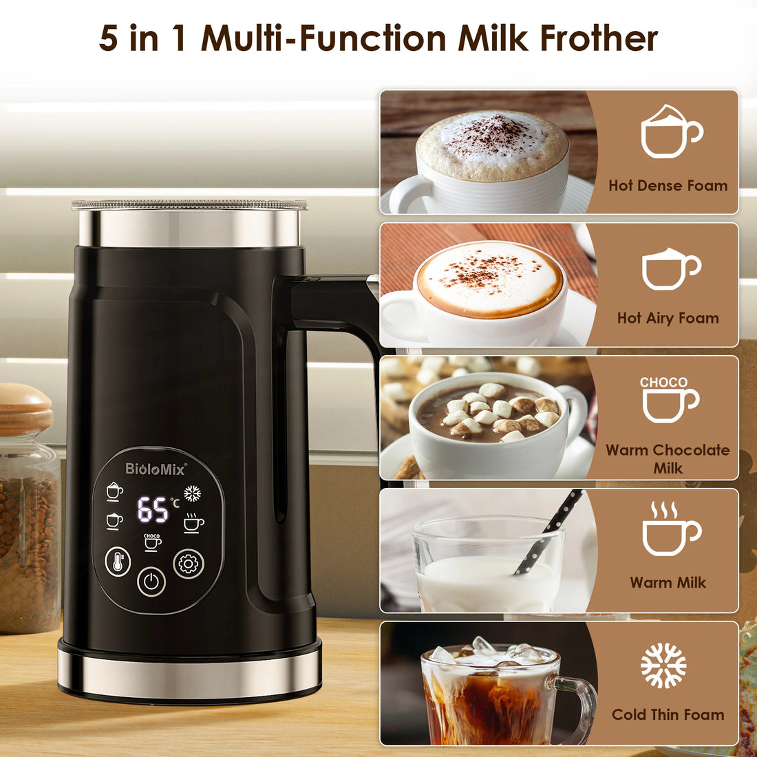BioloMix 5-in-1 Smart Milk Frother w/LED Touch Display, Style Foam for Coffee & Lattes,Hot And Cold Foam Maker