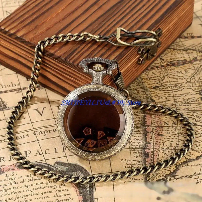 E21F Fashion Pocket Watch Case with 7pcs/set Metal Polyhedral Dices Pendant Chain