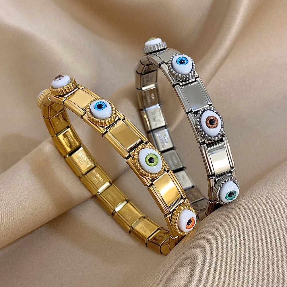 Fashion Elastic Adjustable Stainless Steel Colorful Eye Cuff Bracelet For Women Men New Chic Evil Eyes Italian Watchband Jewelry