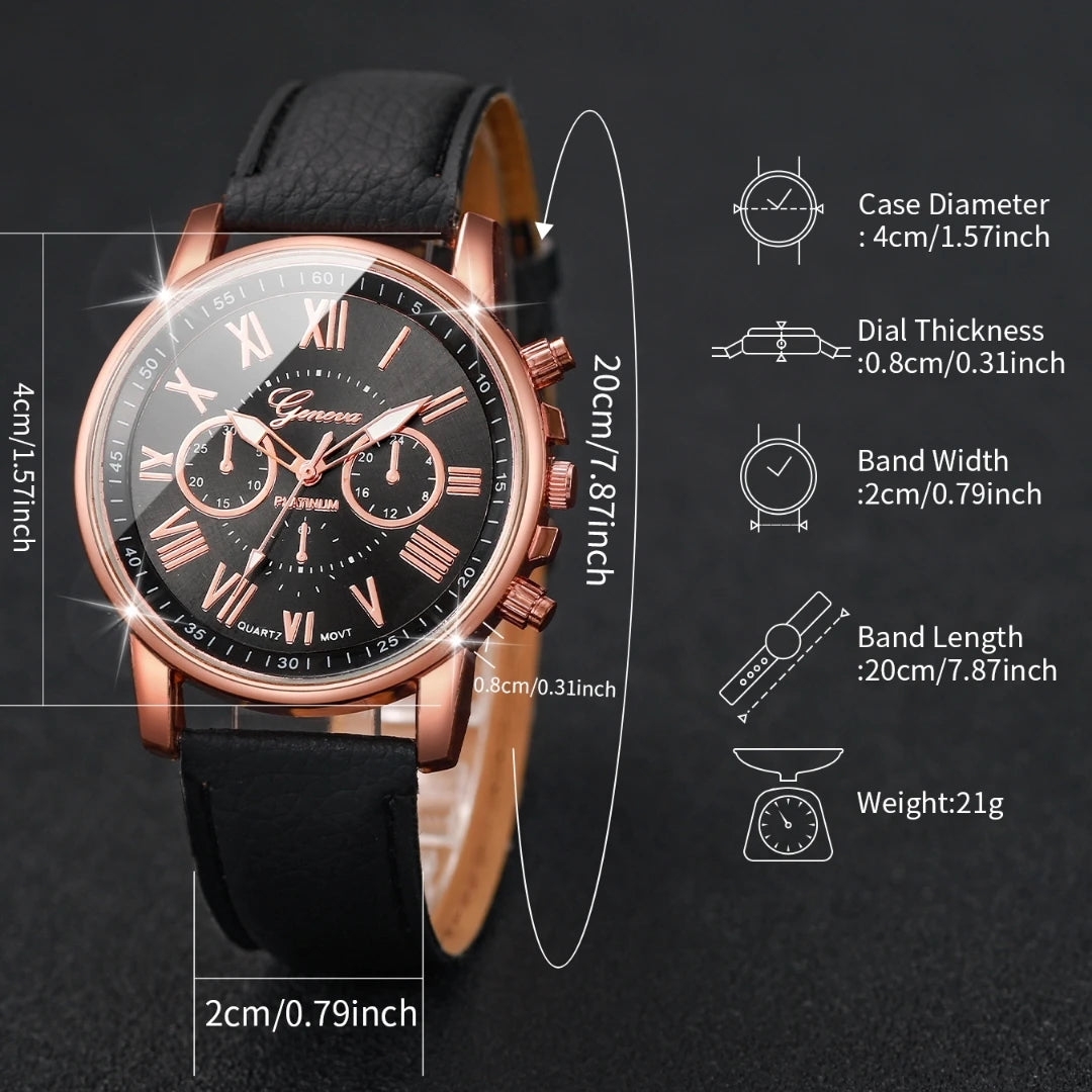 9PCS/Set Women Watches Fashion Roma Dial Ladies Quartz Watch Casual Leather Band Wristwatches Relogio Feminino（Without Box）