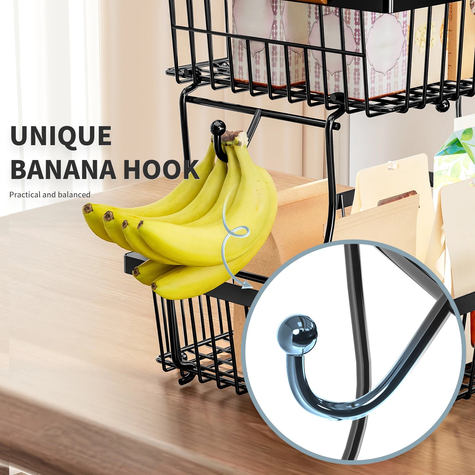 fruit basket vegetable basket,Metal storage basket with hook and wooden handle,Stackable and removable kitchen storage rack