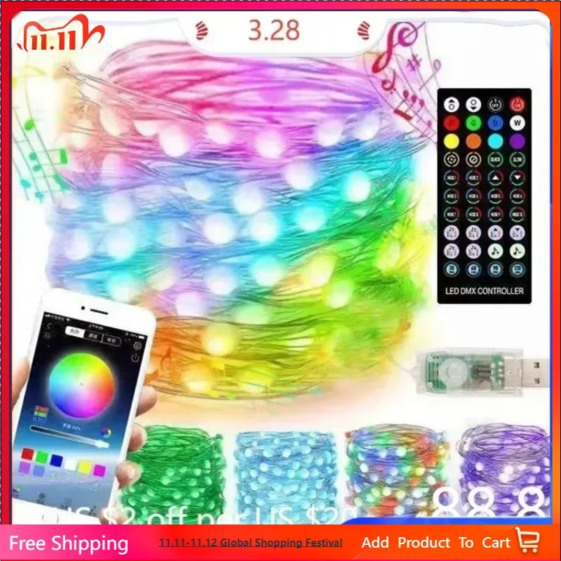 Christmas Tree LED Fairy Lights Smart Bluetooth Garland Festoon LED Chain Light Outdoor Waterproof New Year Decoration 2025