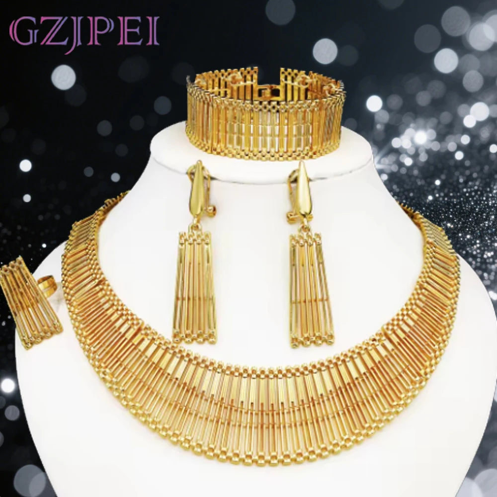 Luxury 18K Gold Plated Jewelry Set Italy Dubai Necklace Earrings Bracelet Ring For Women Mother's Day Gift ﻿