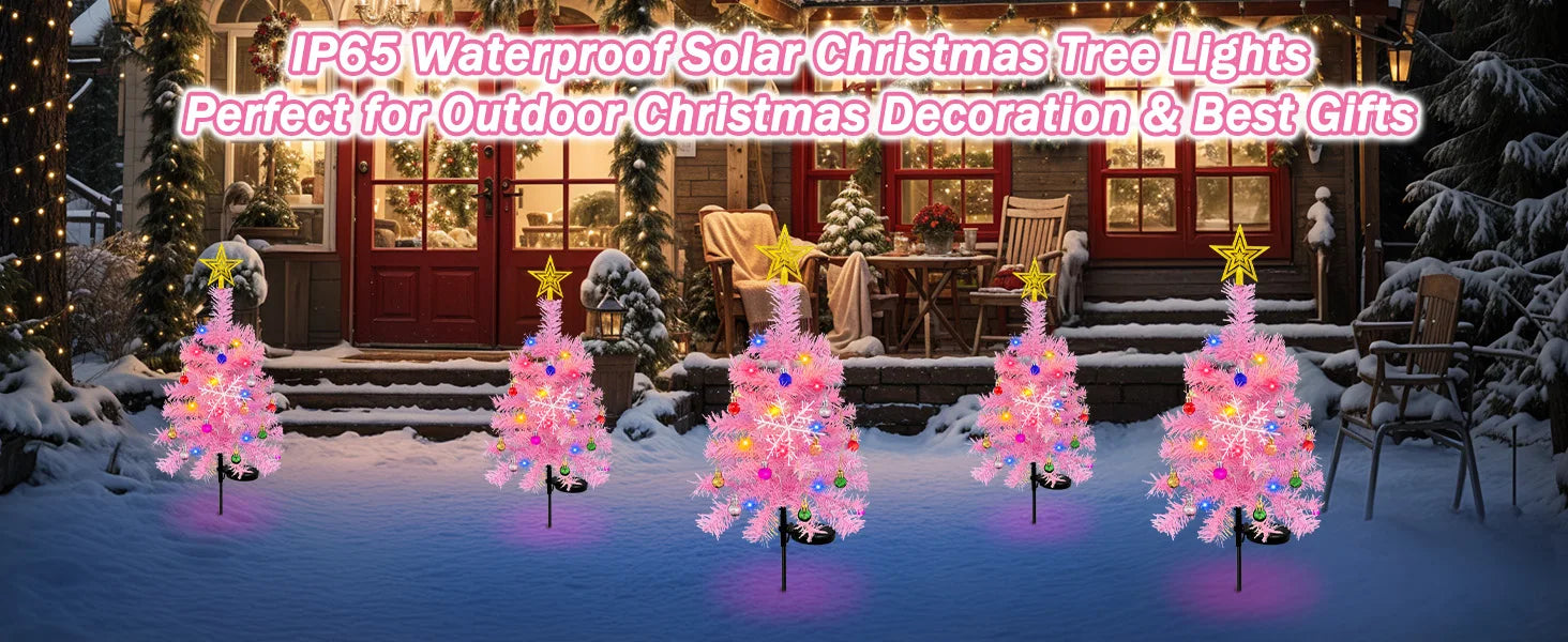 OurWarm 2pcs Pink 29in Solar Christmas Trees Garden Stake Lights Waterproof Christmas Yard Decor Outdoor, 8 Modes Xmas Tree