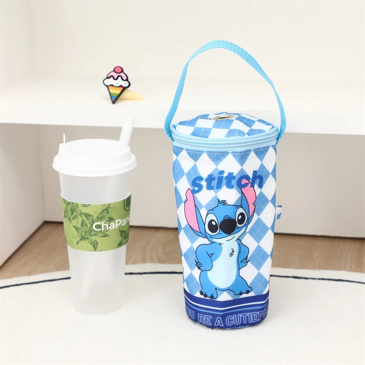 Cute Stitch Lingge Printed Portable Insulated Cooler Bag Tea Tote Bag Cartoon Eco-Friendly Carrying Insulated Cup Cover Handbag