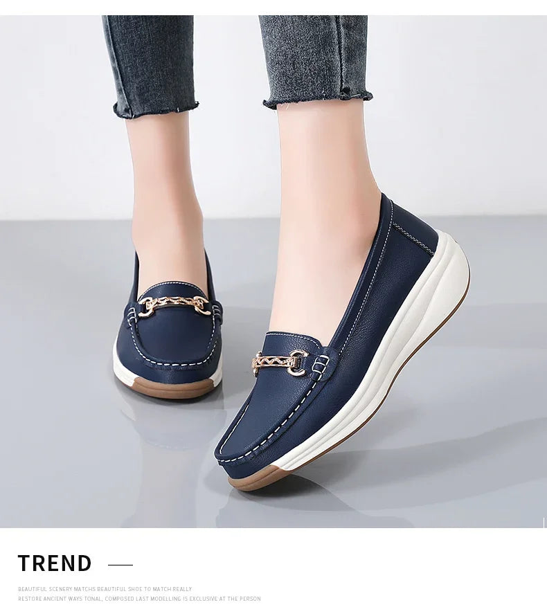 Women’s Leather Platform Loafers – Slip-On Casual Flats