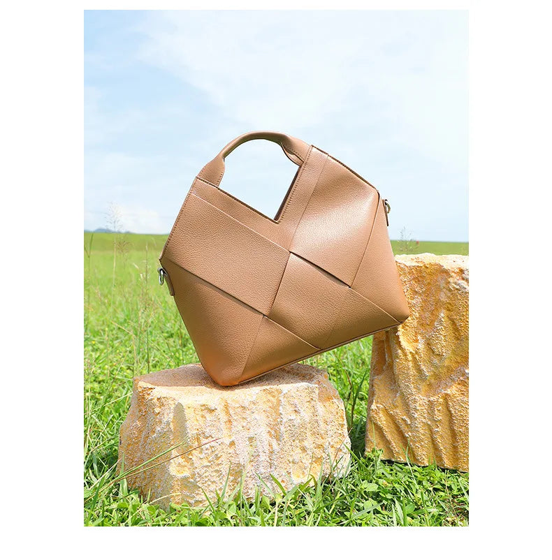 Genuine Leather Woven Tote Crossbody Bag