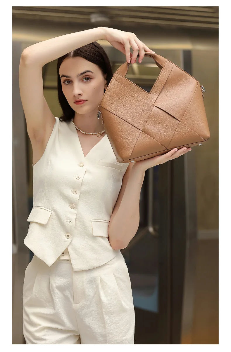 Genuine Leather Woven Tote Crossbody Bag