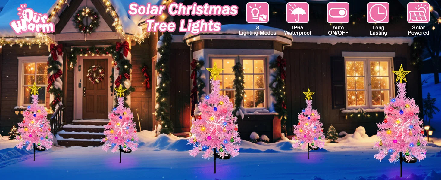 OurWarm 2pcs Pink 29in Solar Christmas Trees Garden Stake Lights Waterproof Christmas Yard Decor Outdoor, 8 Modes Xmas Tree