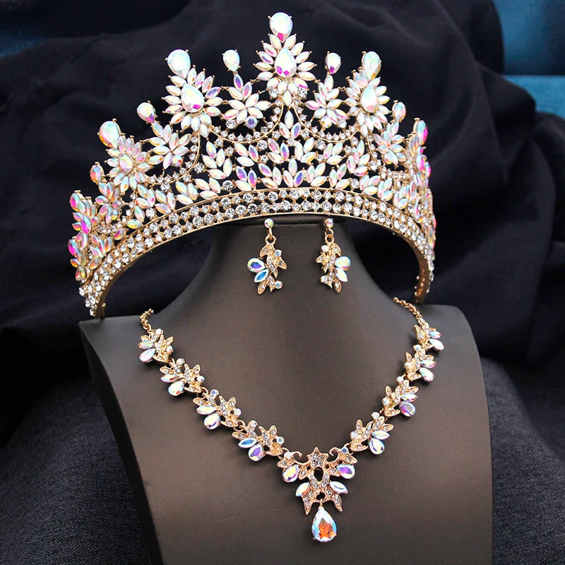 High Opal Pink Tiaras and necklace earrings Bridal Jewelry Sets for Women Brides Wedding Crown Prom Birthday Costume Accessories