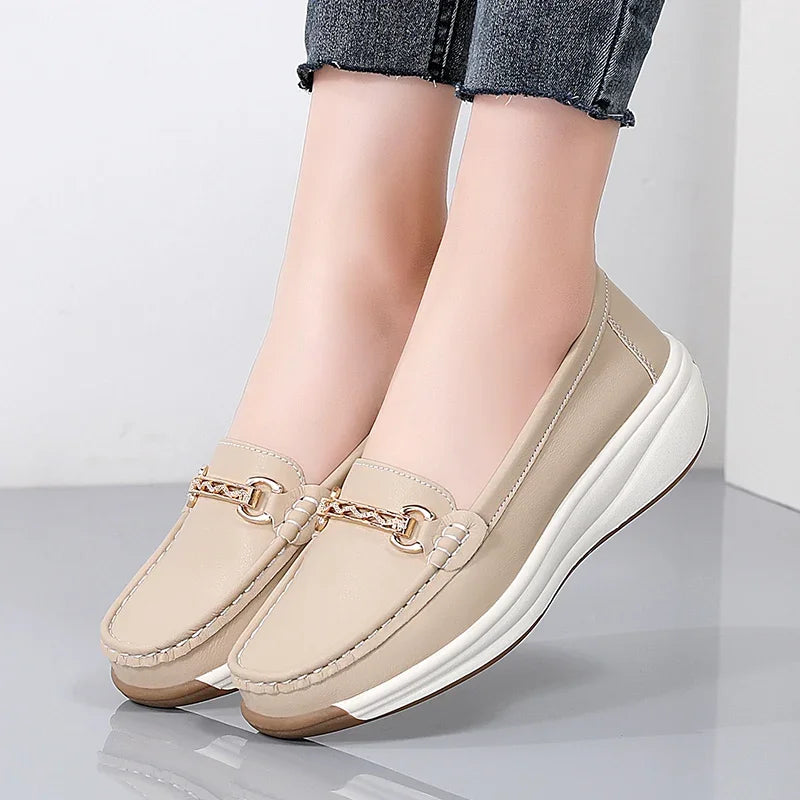 Women’s Leather Platform Loafers – Slip-On Casual Flats