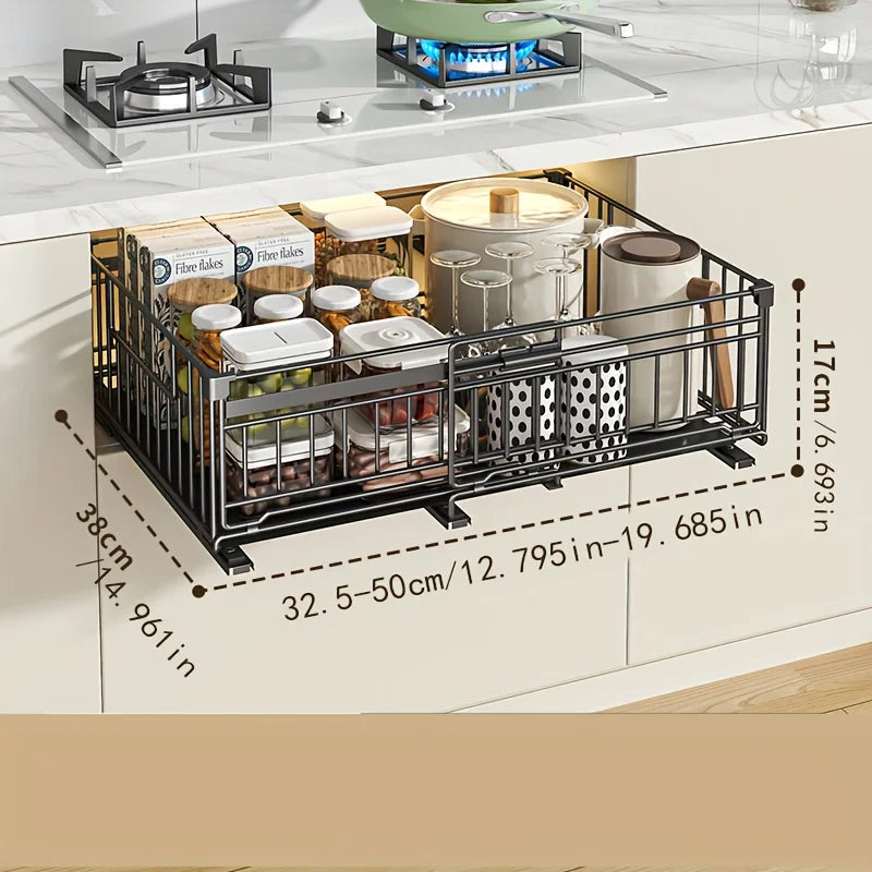 Kitchen Organizer-Adjustable Pull-Out Shelf, Space-Saving Cabinet Storage System with Sturdy Metal Construction, Black