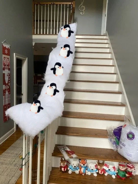 1set Christmas Stair Decoration Fake Snow Cotton Carpet with Sliding Penguins DIY Staircase Decors for Indoor Xmas Tree Banister