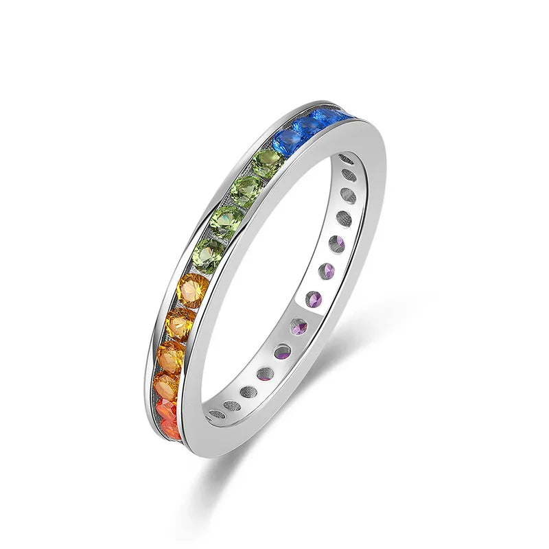 ALLNOEL Rainbow Band Ring for Woman Pure 925 Sterling Sliver 5A Zircon Eternity Fine Jewelry Colorful Engagement Birthday Gifts