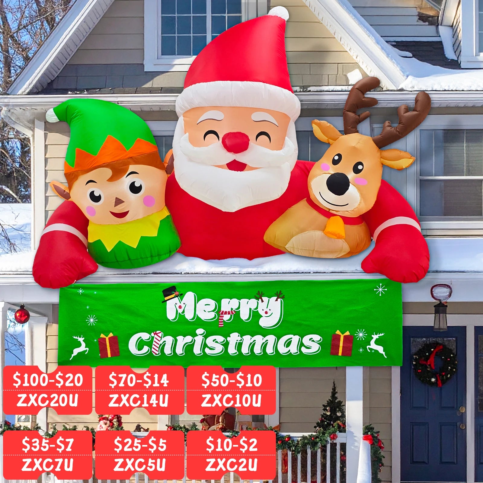 OurWarm 7.2FT Christmas Inflatable Outdoor Decoration,Detachable Banner Inflatable Santa Claus Outdoor with Elf & Reindeer Decor