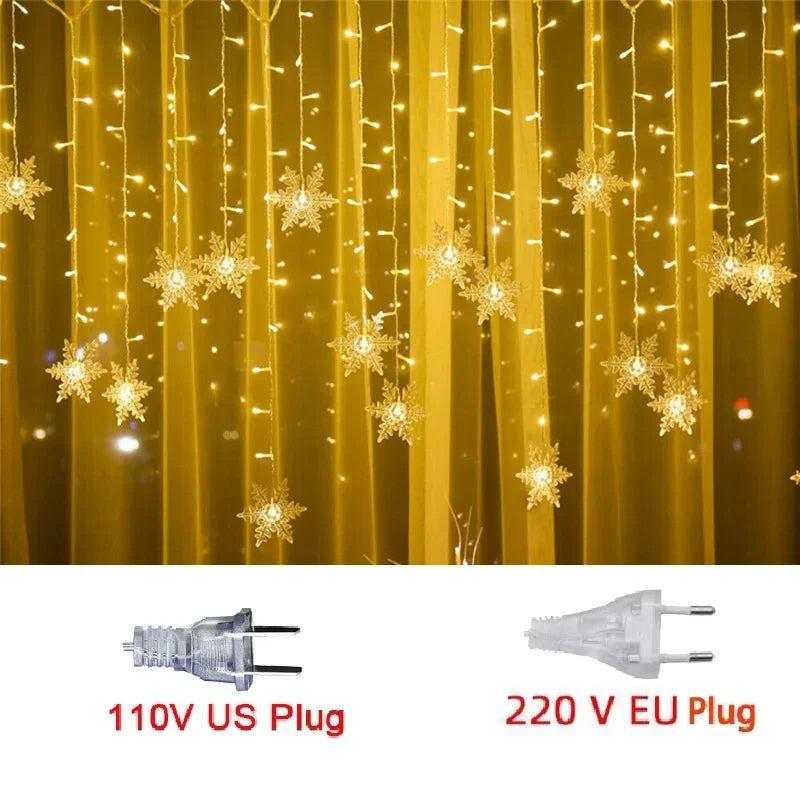 3.5M Christmas Snowflake LED String Lights Flashing Fairy Curtain Garland Lights Fancy Holiday Party New Year Decoration