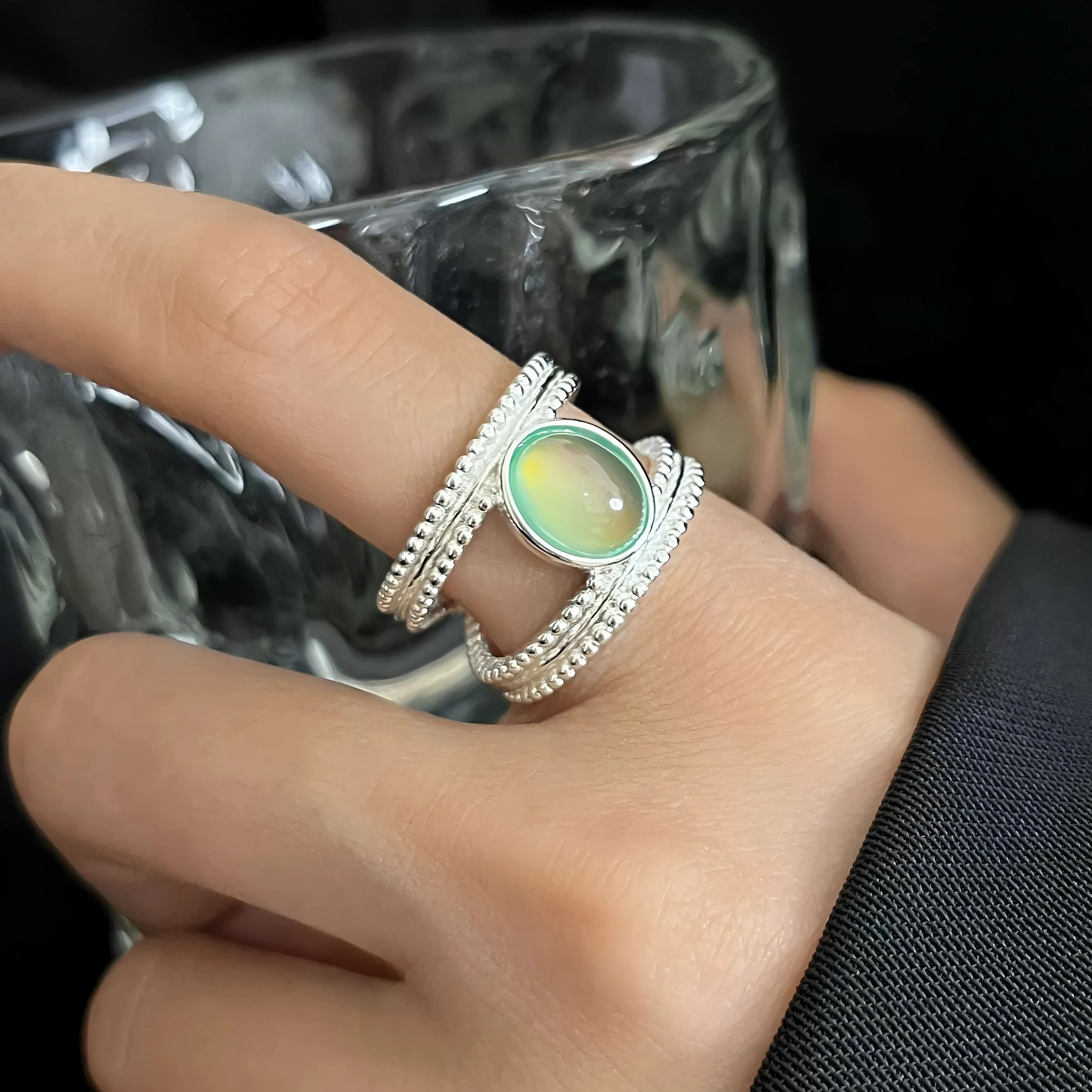 PANJBJ 925 Sterling Silver Geometry Crystal Ring For Women Ellipse Exaggerated Punk Water Drop Open Jewelry Gift Dropshipping