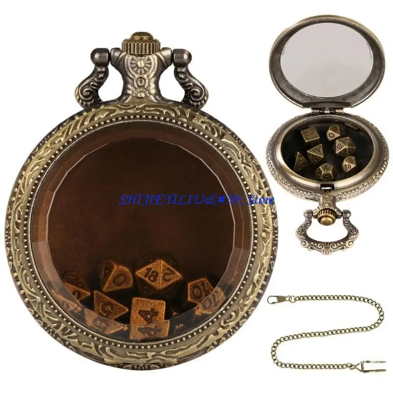 E21F Fashion Pocket Watch Case with 7pcs/set Metal Polyhedral Dices Pendant Chain