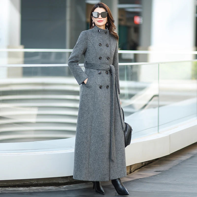 Gray Stand Collar Thickened Woolen Coat Winter Fashion Slimming Long Outerwear for Daily Wear Warm And Stylish New Arrival