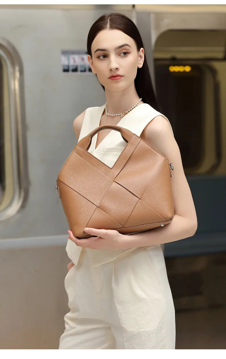 Genuine Leather Woven Tote Crossbody Bag