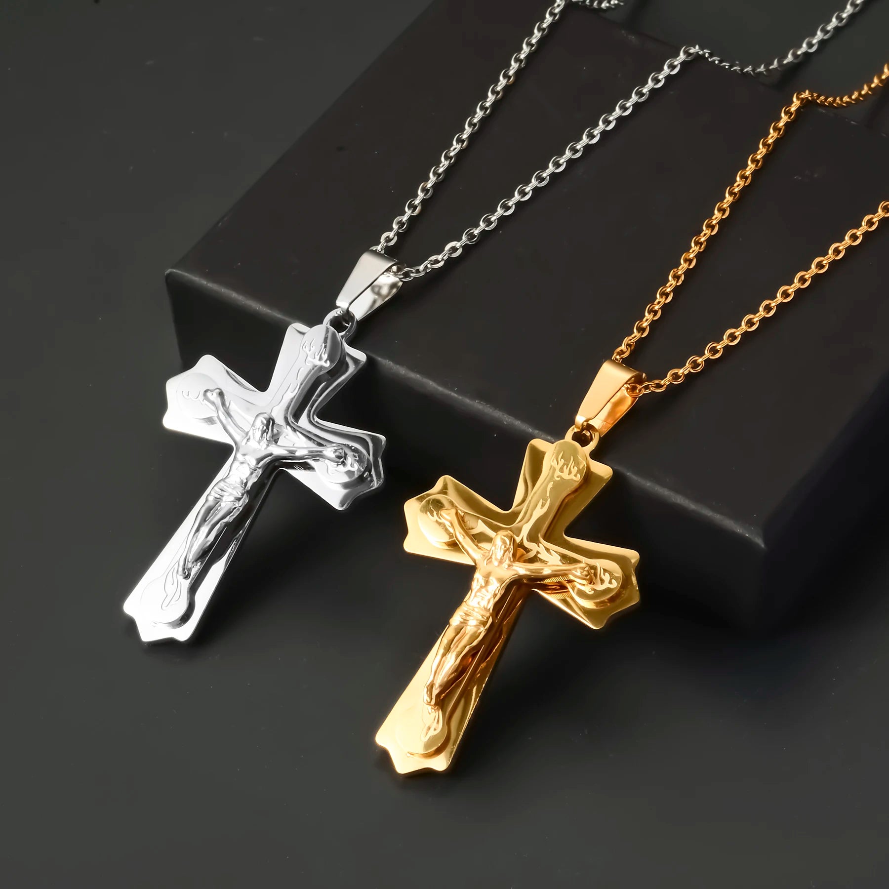 3 Layers Wholesale Jesus Cross Pendant Necklace Stainless Steel Religious Holy Lord Necklace Jewelry