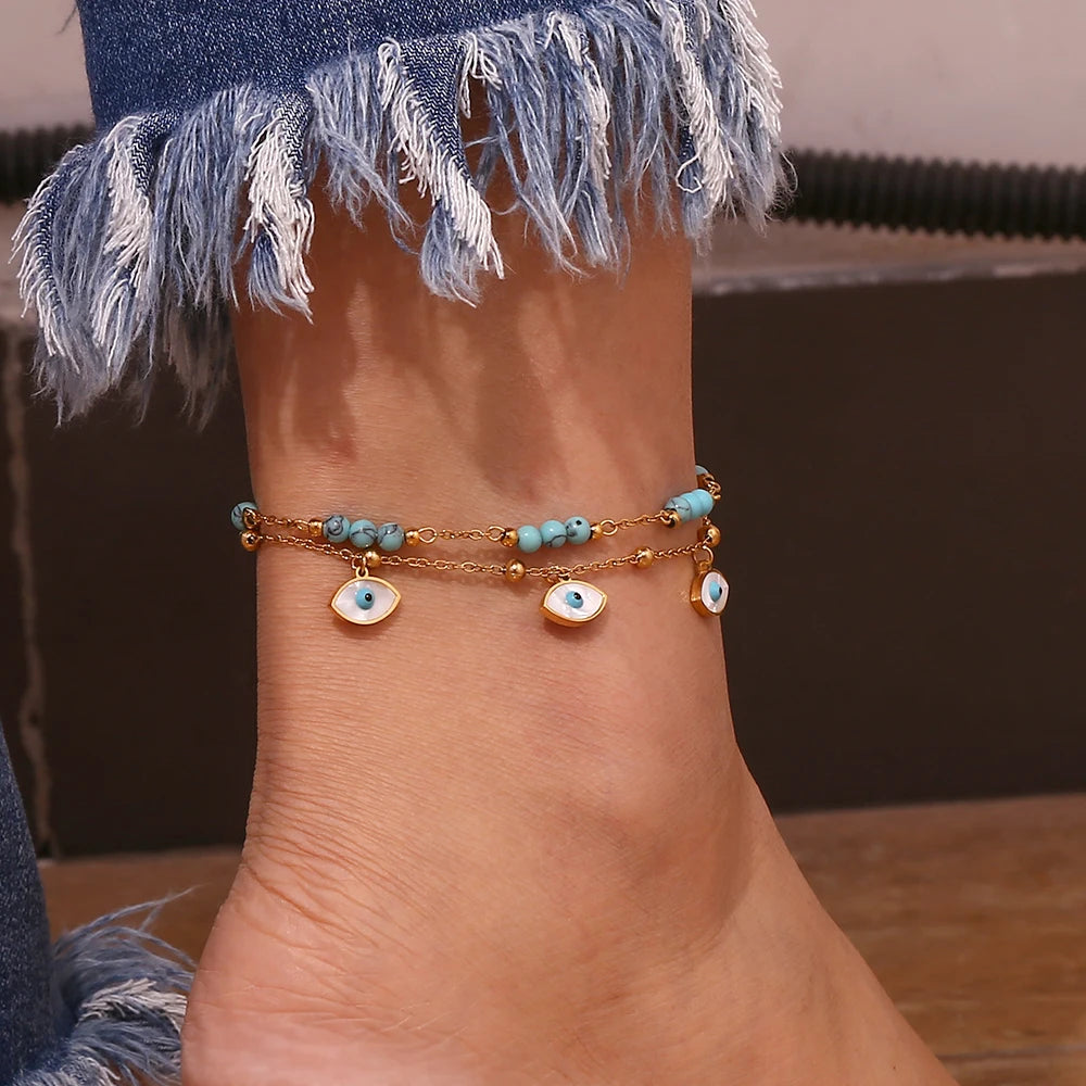Popular Shell Blue Turquoise Evil Eye Pendant Double Layers Leg Bracelet  For Women Stainless Steel Ankle Bracelet Jewelry