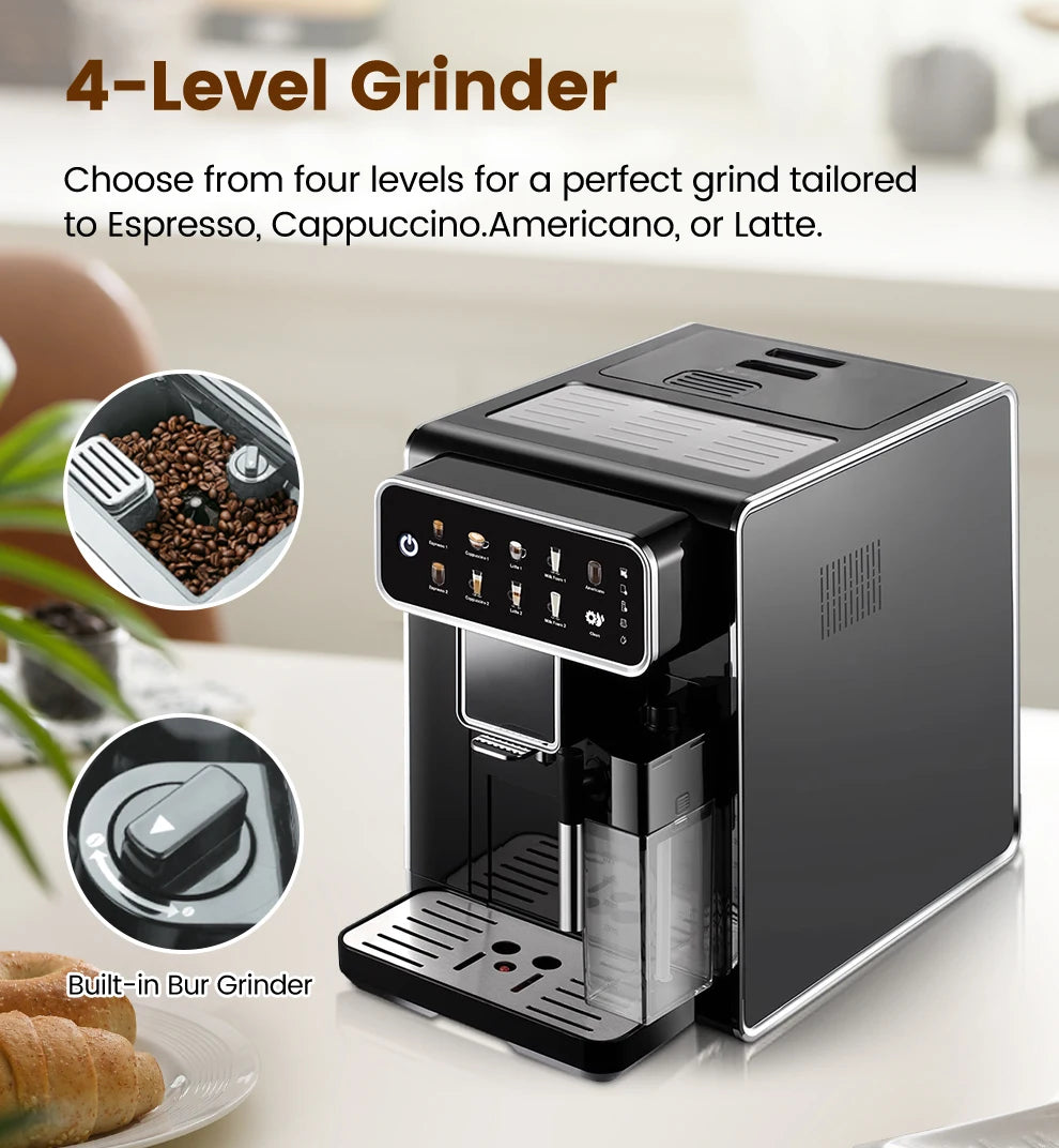 Mcilpoog CM7203 Automatic Espresso Machine ，Built-In Milk Frother & Tank, 7 Coffee Varieties, Touchscreen