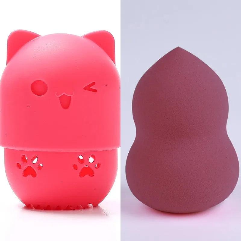 Pink Cute Cat Soft Silicone Cosmetic Sponge Box Holder with Beauty Eggs Portable Powder Puffs Holder Sponge Make Up Drying Cases