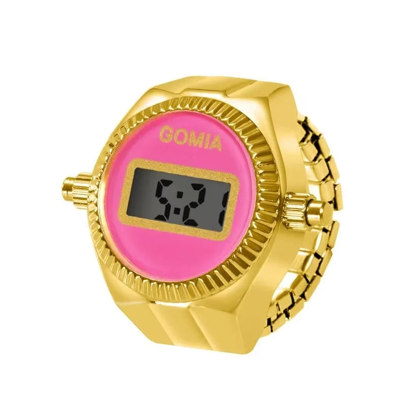 Fashion Electronic Watch Rings for Men Women Gold Silver Colorful Dial Stainless Steel Elastic Watch Strap Battery Mini Clock