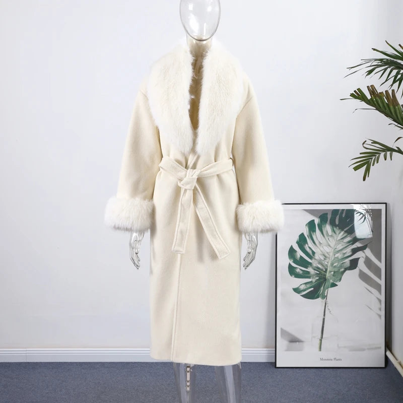 Luxurious Women's Overcoat Faux Full Sleeve Double Breasted Belt Lace Up Female Black Coats 2025 Autumn Winter Chic Lady Outwear