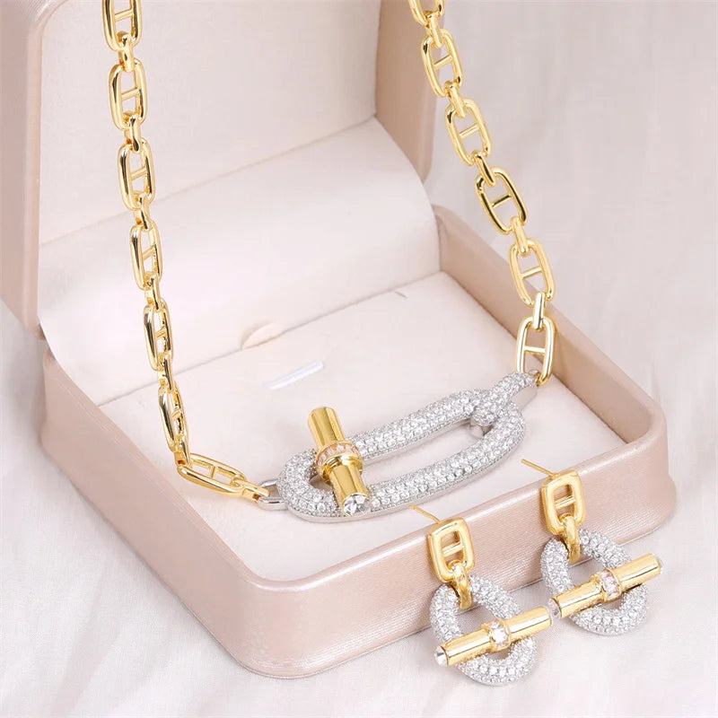 18k Gold Plated Copper Zircon OT Buckle Necklace Bracelets Ring Earring For Women Party Banquet Jewelry Set Accessory