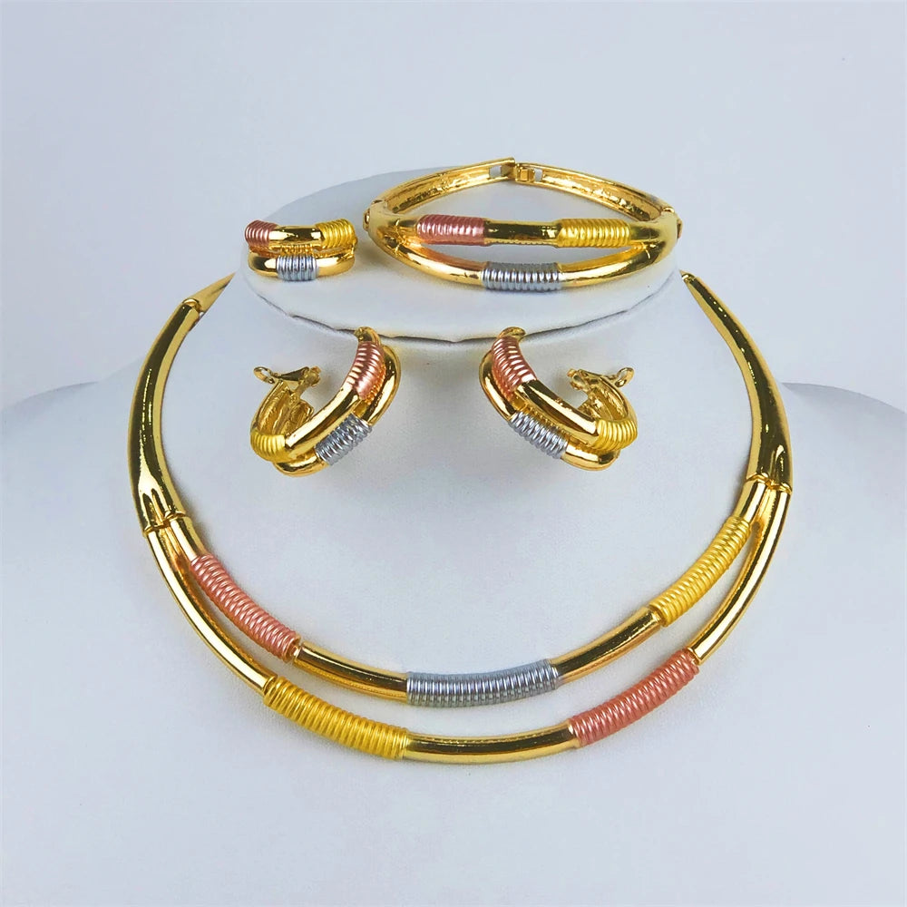 ESALE Dubai Style Gold Color Earring Sets Necklace Earring Bracelet Rings Sets For Women To Wear As A Banquet Gift