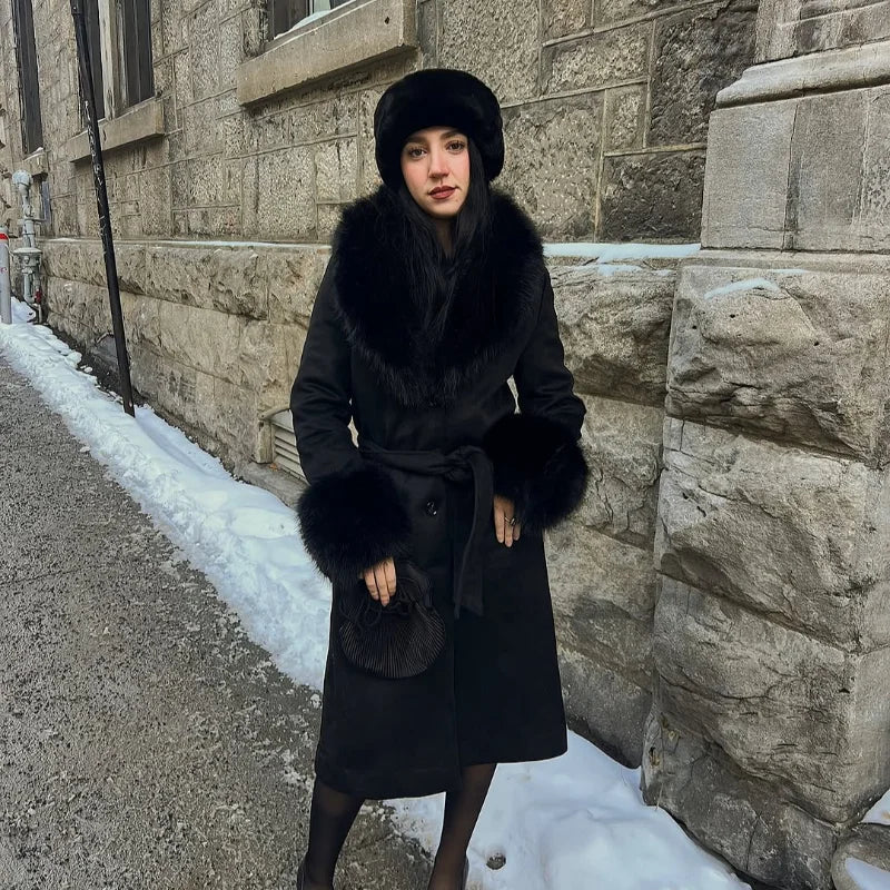 Luxurious Women's Overcoat Faux Full Sleeve Double Breasted Belt Lace Up Female Black Coats 2025 Autumn Winter Chic Lady Outwear