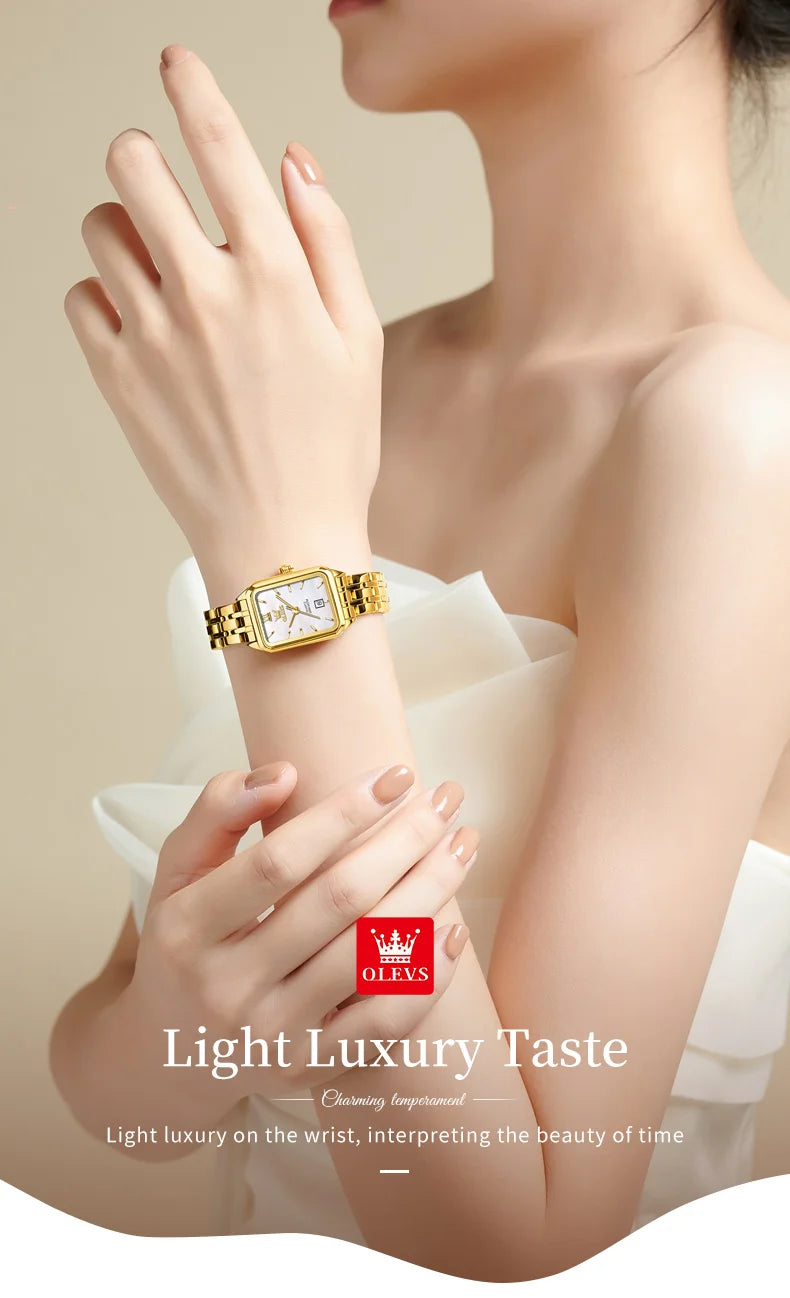 OLEVS Quartz Women's Watches Stainless Steel Square Small Gold Watch for Women Waterproof Auto Date Elegant Ladies Wristwatches