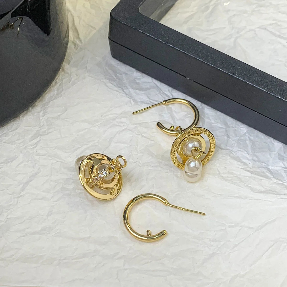 French Luxurious Personality Design Earrings Sweet Cool Style Women's Imitation Pearl Saturn Ear Jewelry High-End Feeling