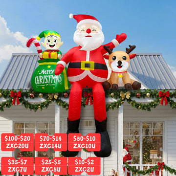 OurWarm 8FT Christmas Inflatable Outdoor Decorations,Sitting Santa Claus with Elves & Reindeer,for Holiday Party Garden Yard